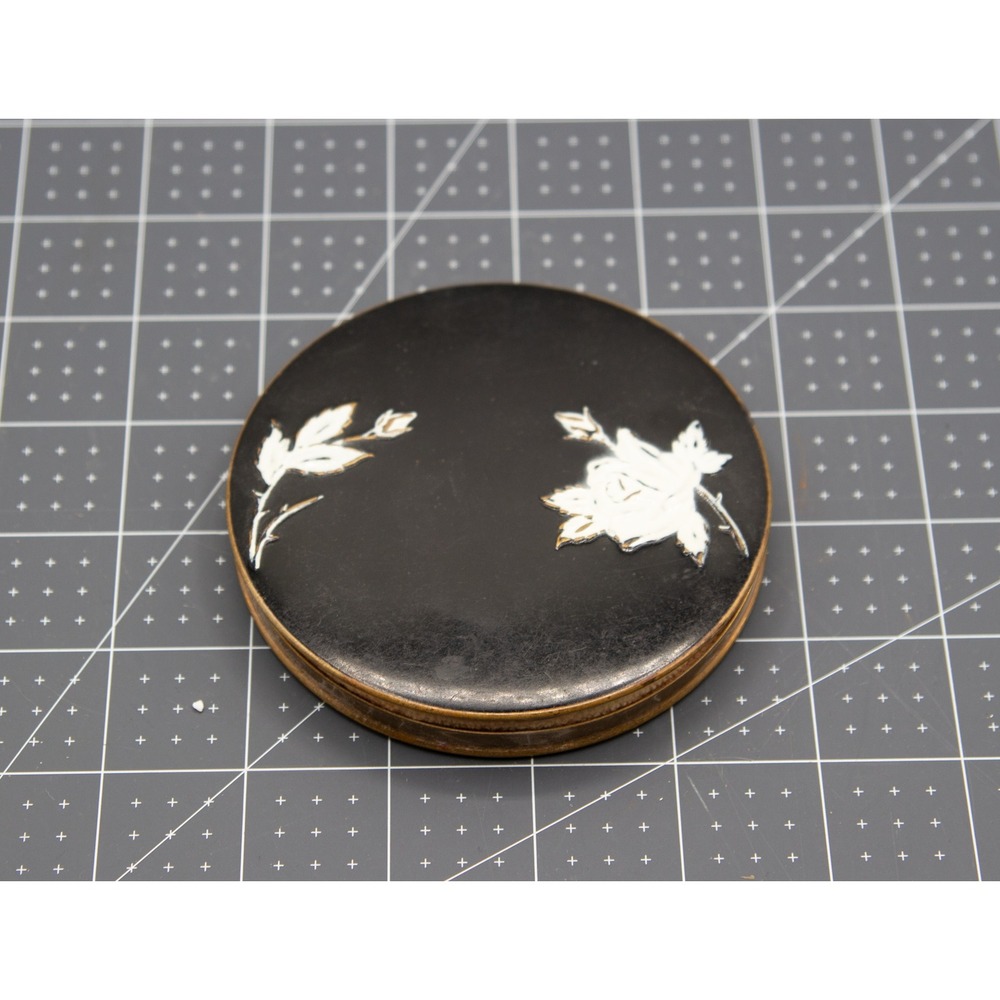 Vintage Shulton Desert Flower Powder Compact Black Enamel Floral Brass‎ Case